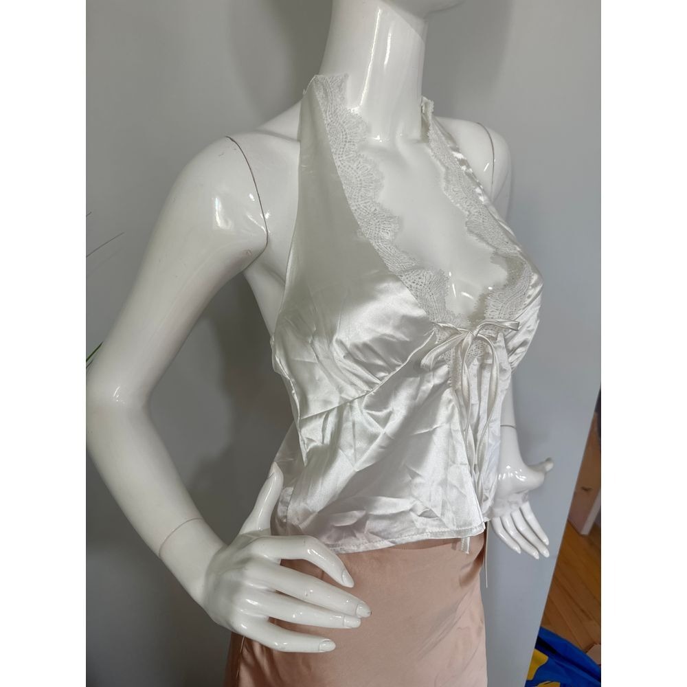 Commense Y2K White Satin Halter Top Lace Trim Plunge Backless Crop Size S - Picture 6 of 11